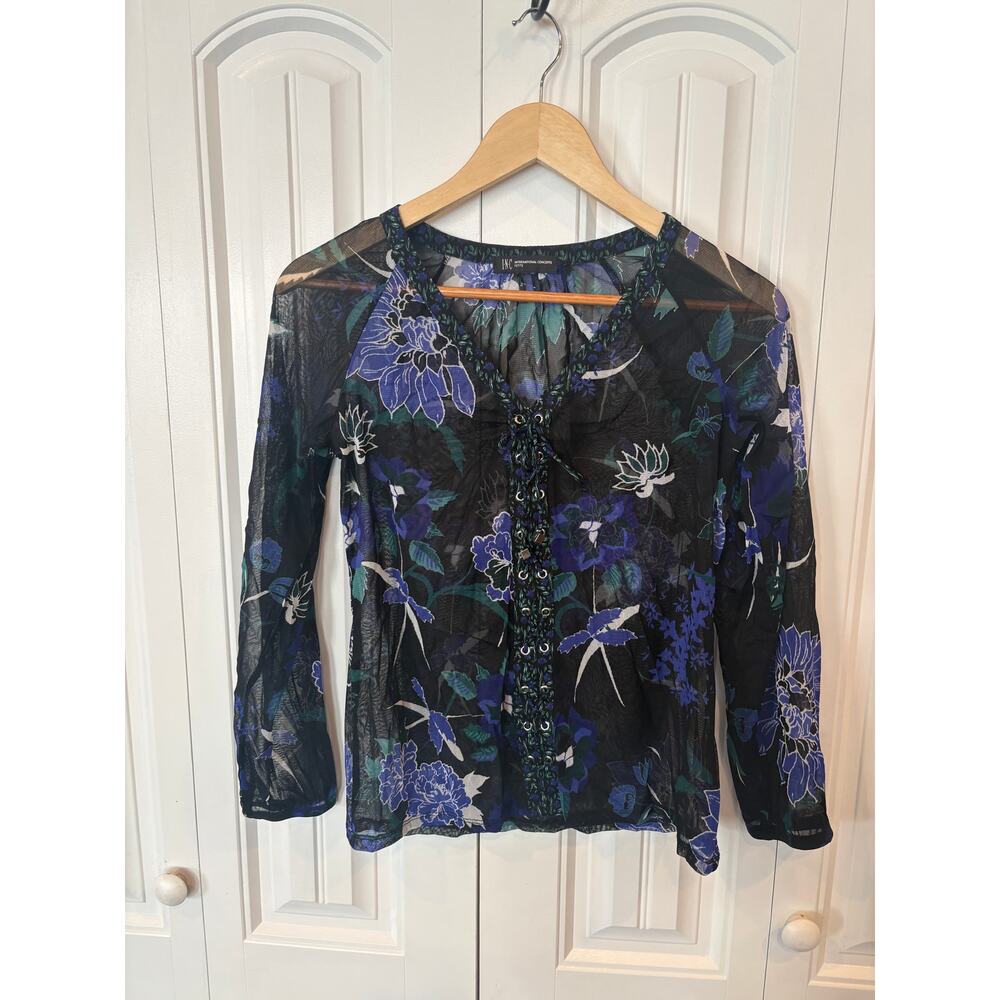 INC International Concepts Petite Blue‎ Floral Lace Up Mesh Blouse